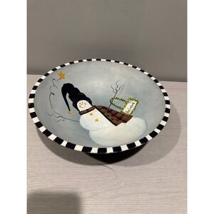 Vintage Hand Painted Snowman Bowl Striped Trim Folk Art Christmas Decor